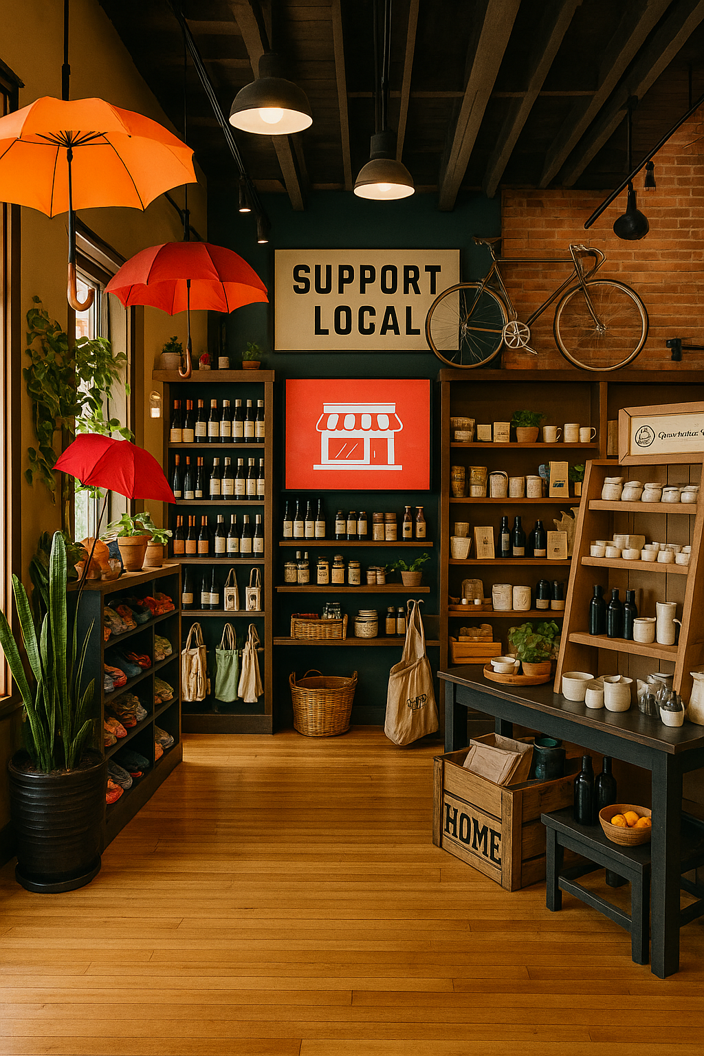 Warm and inviting local store filled with handcrafted items, plants, and community-made products under a ‘Support Local’ banner.”