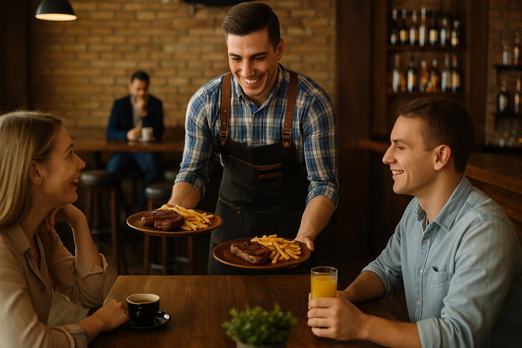 Waiter serving steak and fries to smiling customers inside a warm, rustic restaurant with wooden tables and exposed brick walls