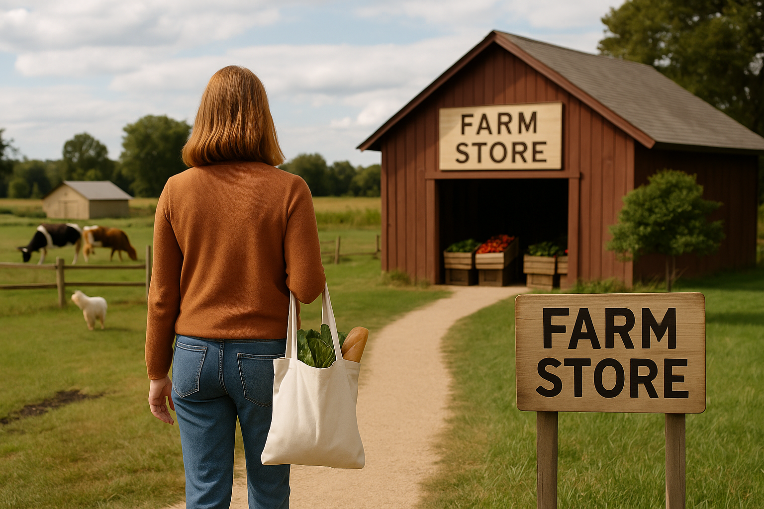 A woman walking toward a rural farm store with a tote bag of fresh produce, surrounded by cows, green fields, and a wooden barn offering local fruits and vegetables.